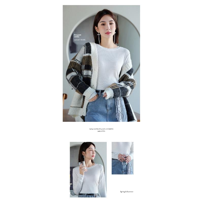 Product Introduction of Women's Long-Sleeved Bottoming Shirt Fall and Winter Inner Wear 2024 New Thread round Neck Loose Slim Western Style Black T-shirt Top Womenswear Lingerie Lady Comfort Longsleeve Basic turtleneck  tank Crewneck Minimalist 12
