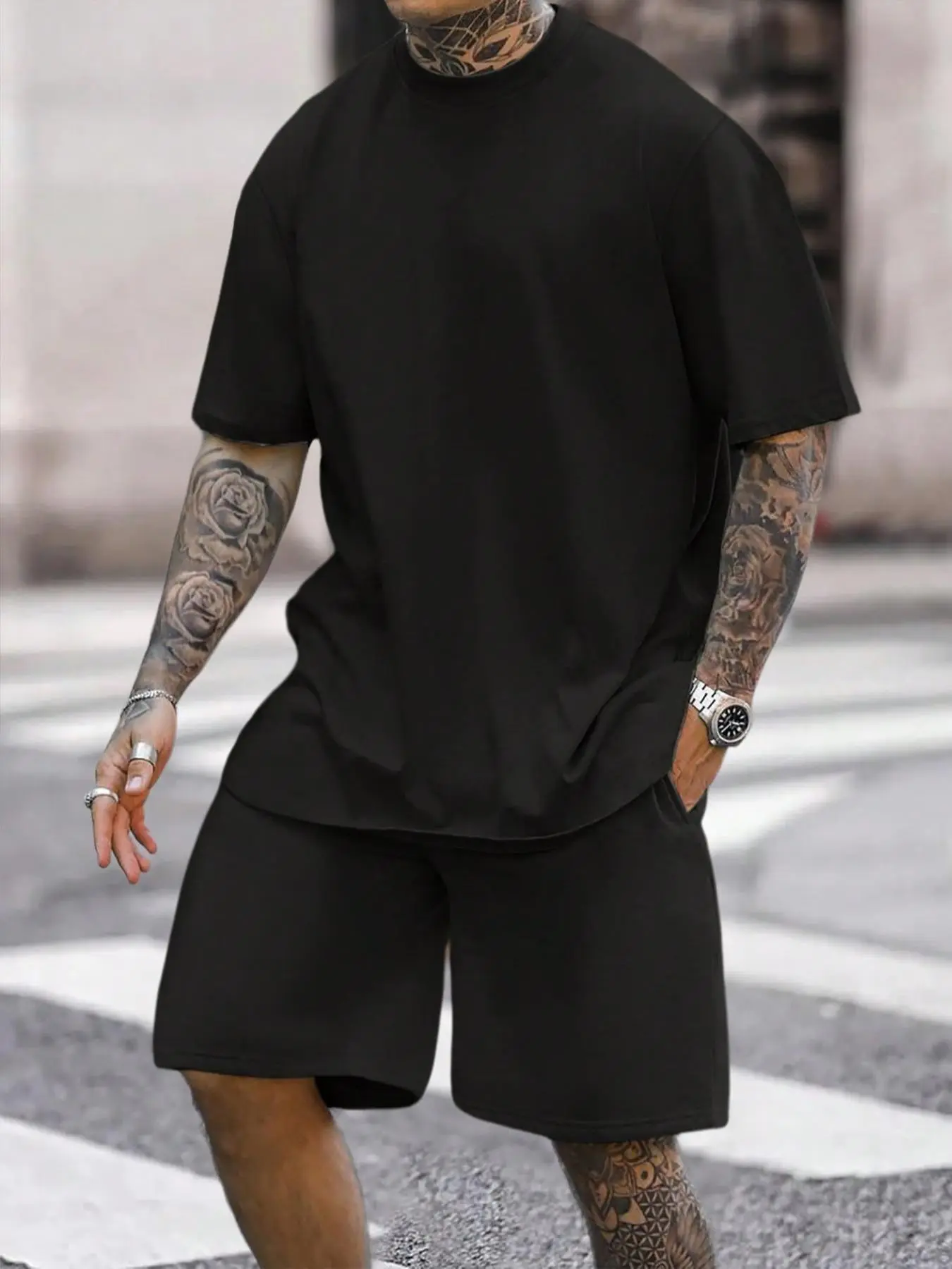 2 Counts Men's Drop Shoulder Tee & Drawstring Pocket Shorts Set, Crew Neck Short Sleeve T-shirt & Track Shorts, Casual Fashion Cozy Breathable Men Two-piece Outfits For Spring & Fall
