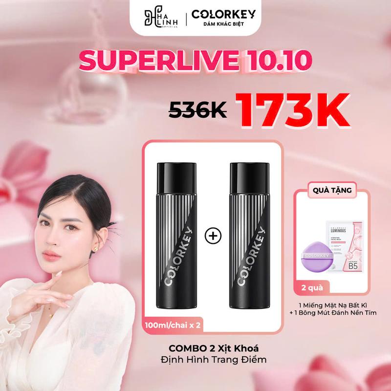 [CFV Võ Hà Linh x COLORKEY] COMBO 2 XỊT KHOÁ NỀN COLORKEY Tặng 1 Miếng Mặt Nạ Bất Kì + 1 Mút Đánh Nền Tím Tia Sương Mềm Mại Giúp Khóa Chặt Lớp Trang Điểm 100ml/chai x2