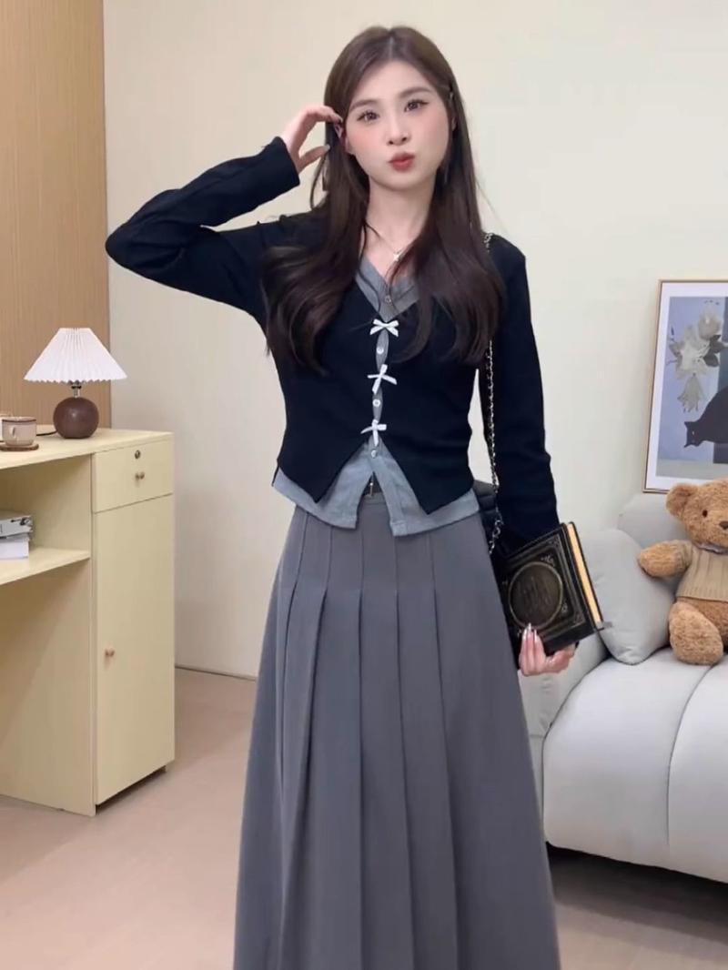 Product Introduction of Áo Thấp Eo Có Nơ, Hàng Mới Về Đầu Thu, Thanh Lịch, Hai Mảnh Giả, Màu Tương Phản, Dài Tay, Phong Cách Quý Cô 9