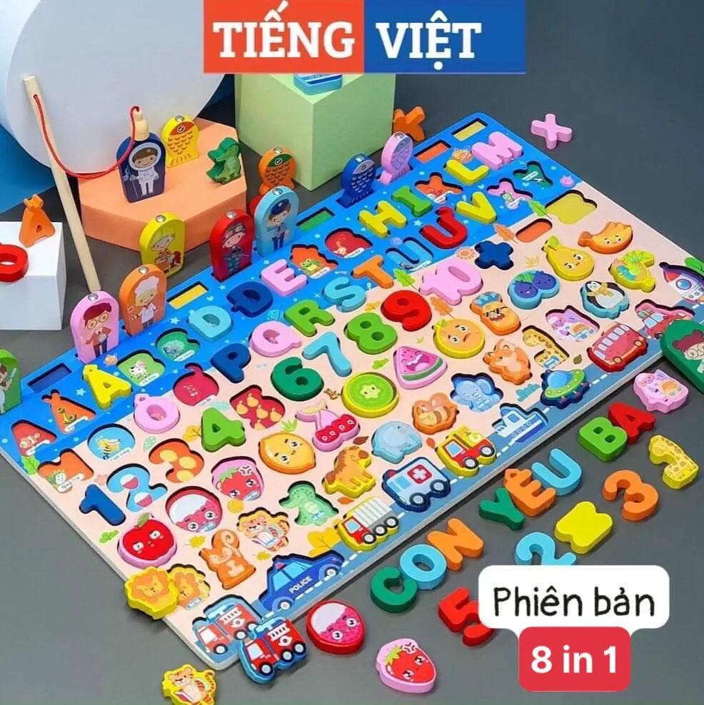 Bộ bảng gỗ câu cá 8 trong 1 và ghép chữ số, hoa quả, động vật, phương tiện phát triển cho bé