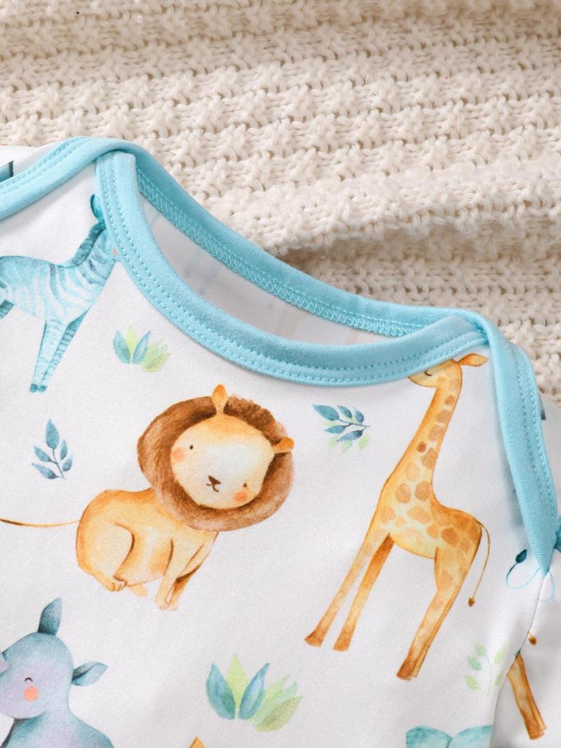 Product Introduction of Two-Piece Set Newborn Infant Baby Boys Outfits, Cute Cartoon Animal Print Short Sleeve Contrast Binding Bodysuit & Pants & Hat Set, Infant Kids Clothes for Daily Wear 4