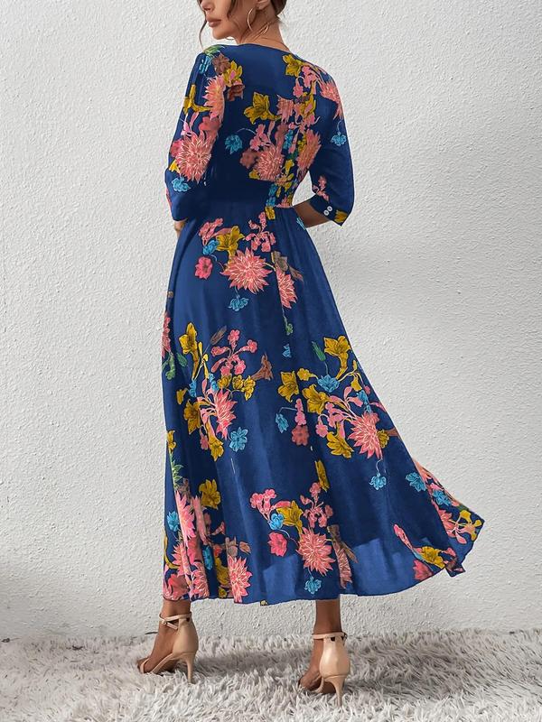 Women's Boho Floral Tied Button Front Split Long Maxi Dress, Casual Womenswear, Spring Summer Beach Vacation Half Sleeve V Neck A-line Dresses, Homecoming Dresses, Holiday Dresses, Ditsy Floral Dress 1
