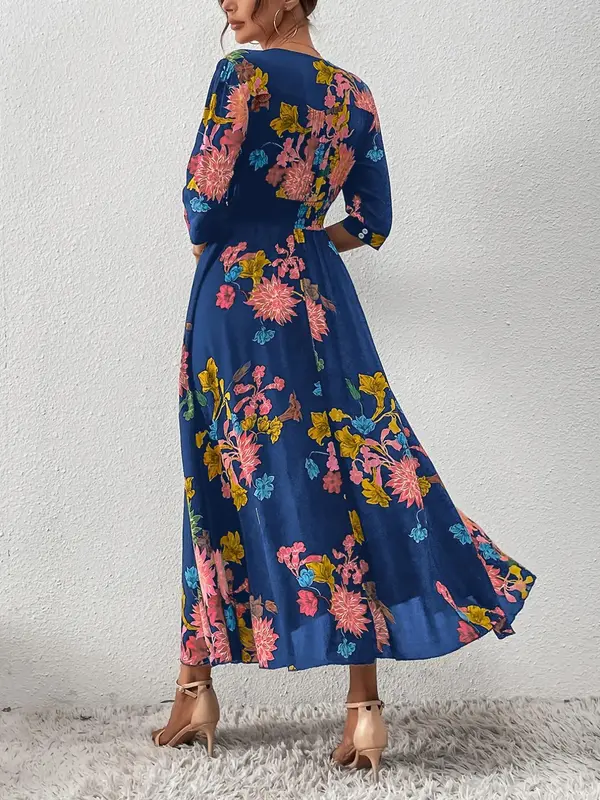 Women's Boho Floral Tied Button Front Split Long Maxi Dress, Casual Womenswear, Spring Summer Beach Vacation Half Sleeve V Neck A-line Dresses, Homecoming Dresses, Holiday Dresses, Ditsy Floral Dress 1