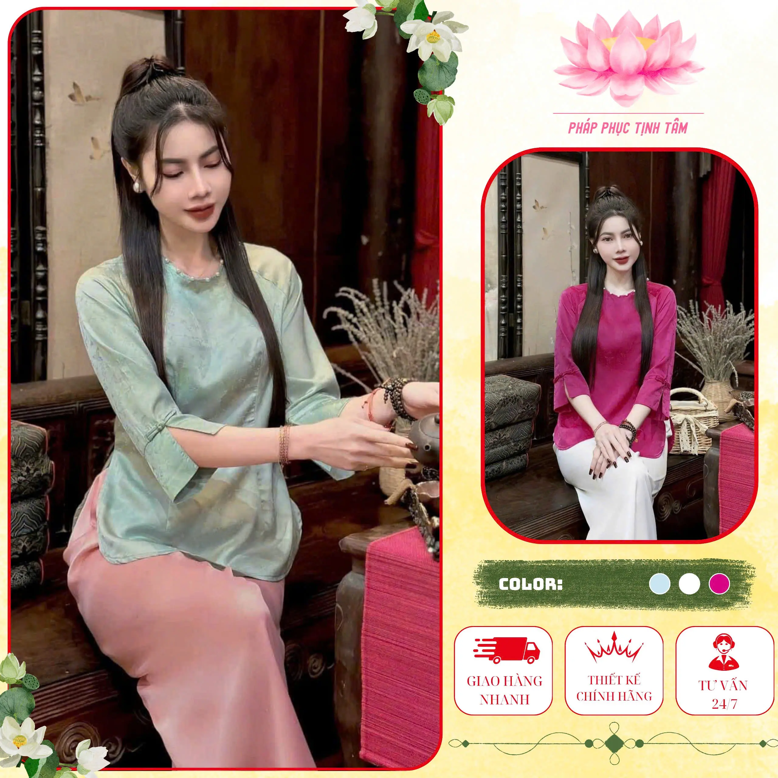 Pháp Phục Tịnh Tâm Cổ Tròn Tay Xẻ Lụa Gấm Kín Đáo Sang Trọng 4 Size S,M,L,XL Siêu Xinh Women Top