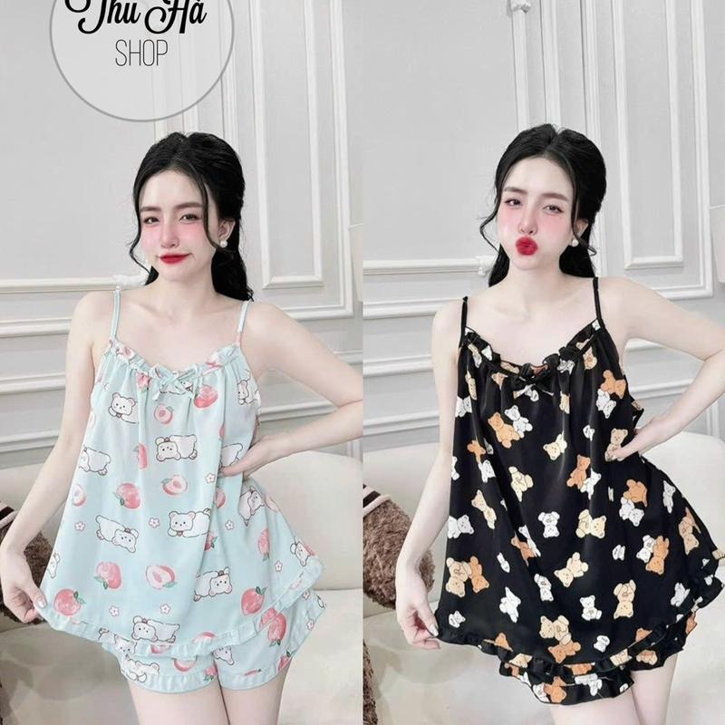 (40-75kg)Bộ hai dây phối nơ quần đùi chất lụa họa tiết hình, quần có túi, phối viền bèo