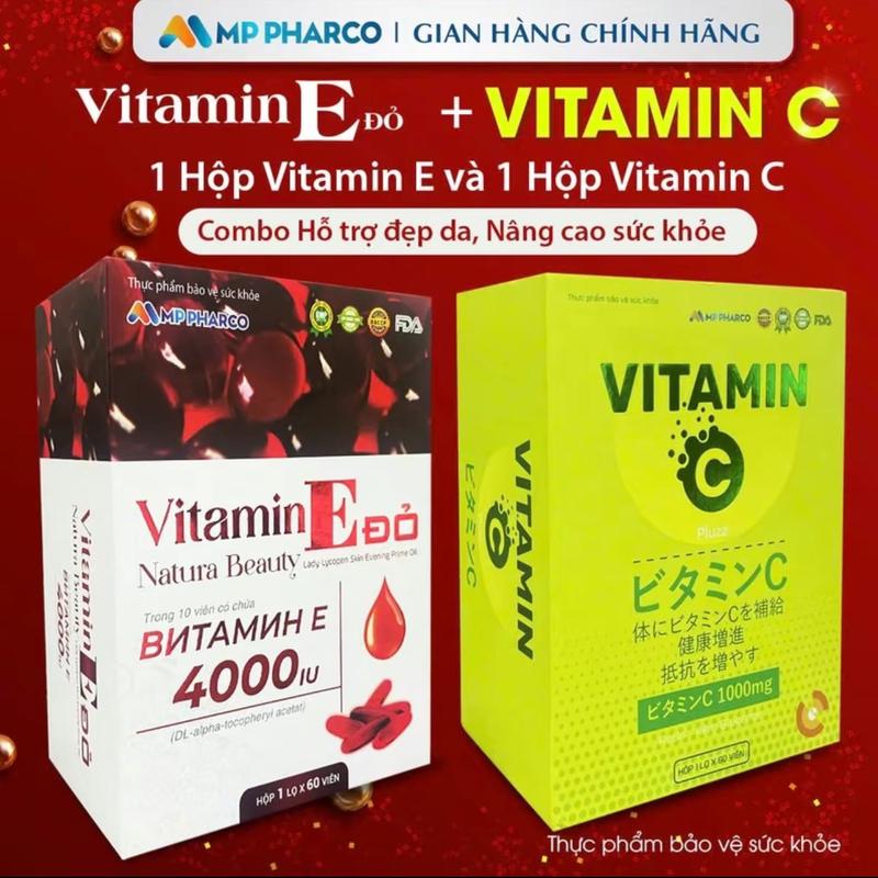 [V58b] [Trắng Da Mờ Thâm] Combo Vitamin E Đỏ Nga & Vitamin C - Viên Uống Hỗ Trợ Dưỡng Trắng Sáng Da, Chống Lão Hóa, Chống Oxy Hóa - Da Mịn Màng, Giảm Thâm Nám - Vitamin CE Tùng Dương MP
