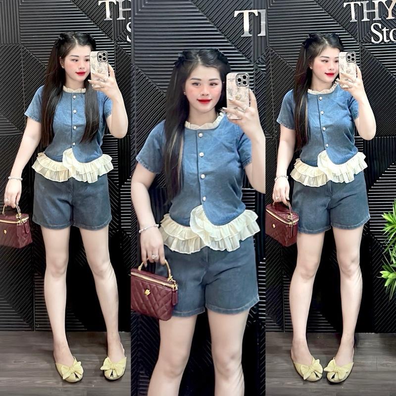 Bộ JEAN(ko giãn)  Áo tay ngắn cổ may ren gài nút mới. Quần đùi lưng thun Top Nữ