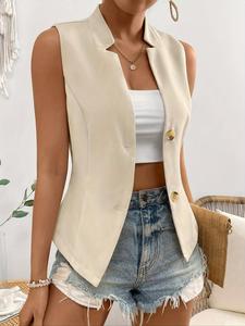Chaleco tipo blazer de color liso con botones en la parte delantera para mujer, chaleco informal sin mangas con cuello alto para el trabajo, la oficina y el día a día, ropa de mujer para todas las temporadas
