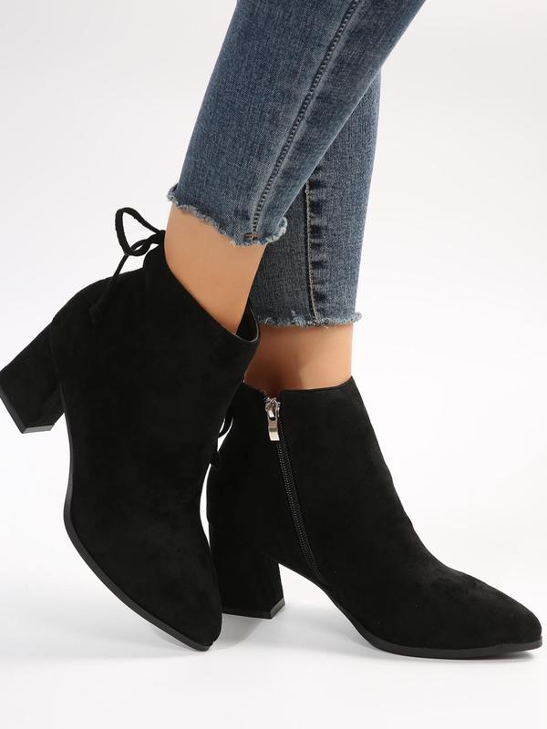 Women's 2023 New Trend Elegant Chunky Heel Tie Ankle Zipper Boots, 1 Pair Fashion All-match Solid Color Ankle Pointed Toe Boots, Thick Heel Short Boots with Fleece for Daily Wear 5