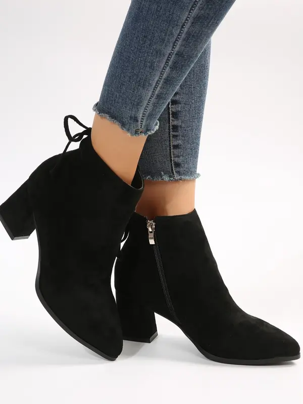 Women's 2023 New Trend Elegant Chunky Heel Tie Ankle Zipper Boots, 1 Pair Fashion All-match Solid Color Ankle Pointed Toe Boots, Thick Heel Short Boots with Fleece for Daily Wear 5