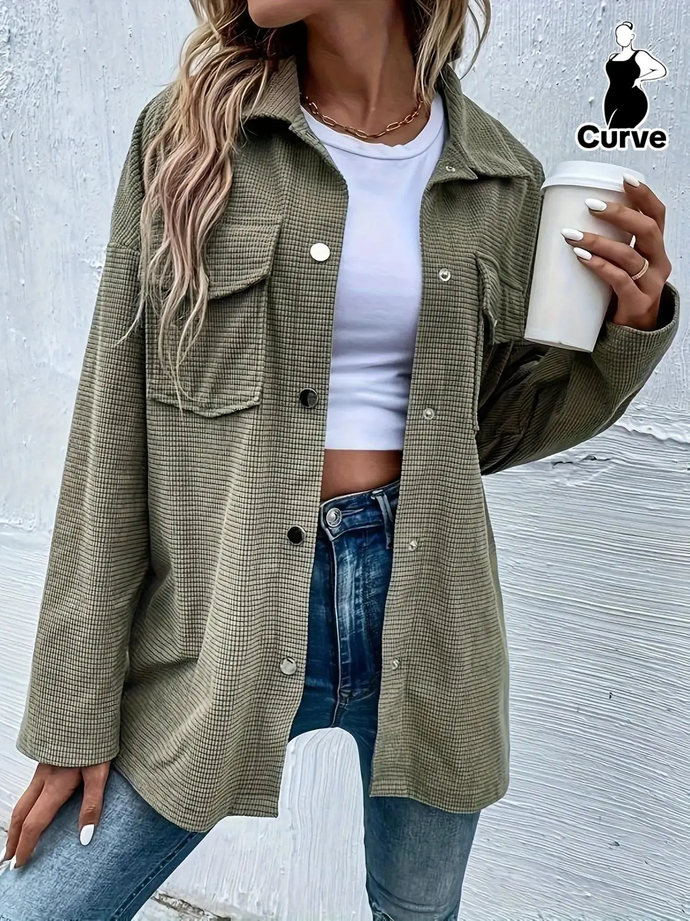 【Plus Size】 Solid Button Front Pocket Drop Shoulder Coat, Casual Long Sleeve Collared Outerwear As Halloween Gift for Fall & Winter, Women's Clothes for Daily Wear