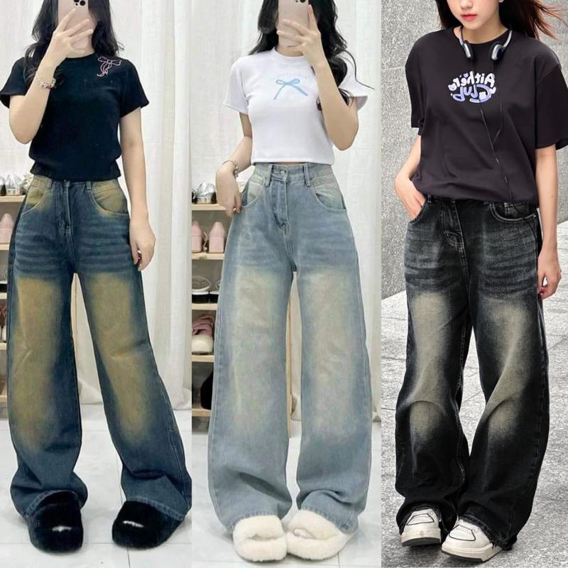 Quần Bò Xuông Ống Rộng Wash Cạp Cao MIAA Form Rộng Màu RETRO, Quần Jean Ống Rộng Suông Nữ lưng cao có BIGSIZE S-2XL Pants Baggy