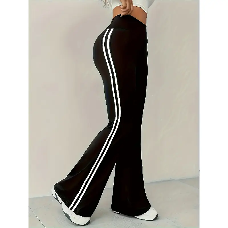 Women's High Waisted Tummy Cinching Burgundy Flared Pants With White Stripe Detail - Stretchy polyester/spandex blend, machine washable, casual sporty flared pants