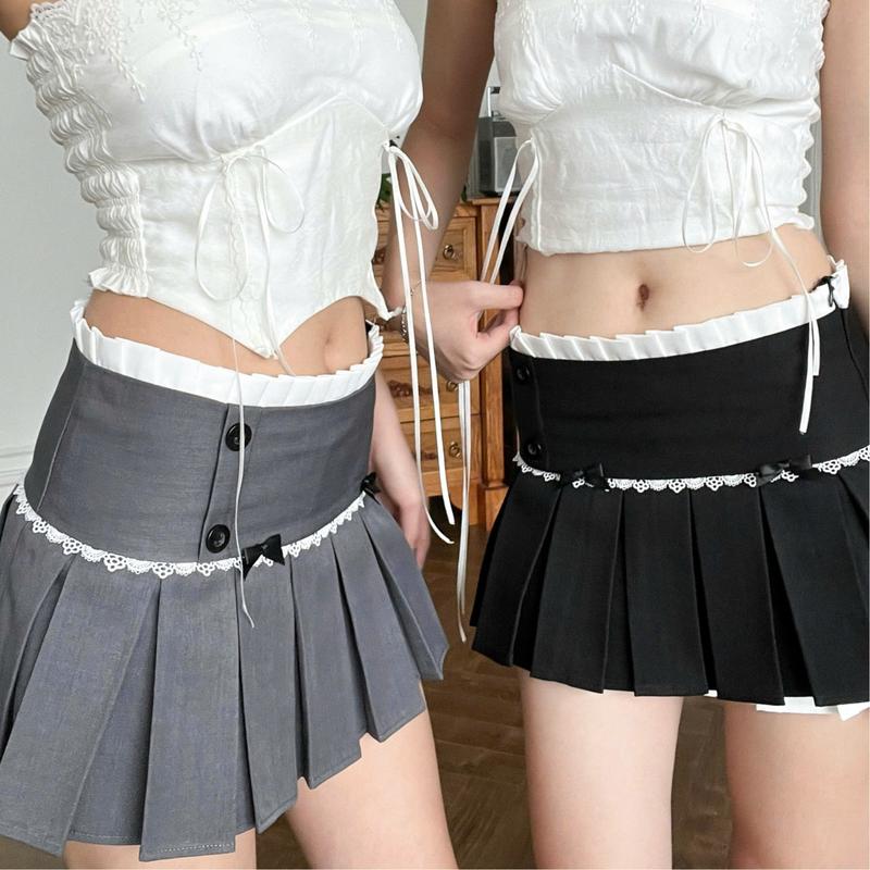 AREUM Chân Váy Xếp Ly Ngắn FORM NHỎ Đính Nơ Naomi Vải Kate Không Co Giãn [Kèm Quần Bảo Hộ]