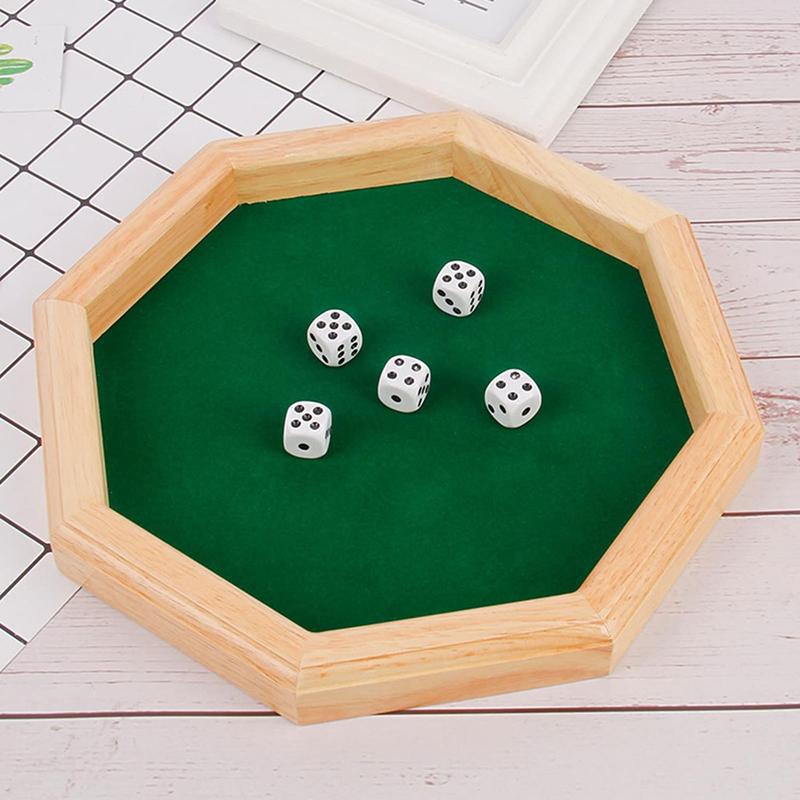 Product Introduction of Wooden Octagonal Dice Tray, 1 Count Dice Tray with 5 Dice, Fun Family Toy, Party Board Game, Adult Bar Dice Game 8
