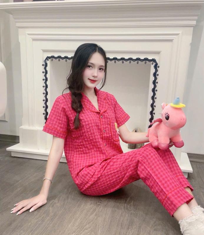 Đồ Ngủ, bộ mặc nhà pyjama Nữ quần dài kẻ caro chất vải thô nhăn mềm nhẹ dobo tay