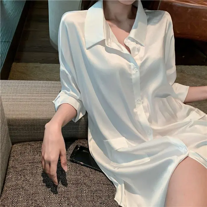 Váy Ngủ, Dành Cho Nữ, Mùa Xuân Và Mùa Hè, Chất Liệu Lụa Lạnh Phong Cách Bạn Trai Mỏng Gợi Cảm, Màu Trắng, Dài Trung Bình Phong Cách Người Nổi Tiếng Trên Internet, Đồ Ngủ Lụa Bắt Chước, 2024