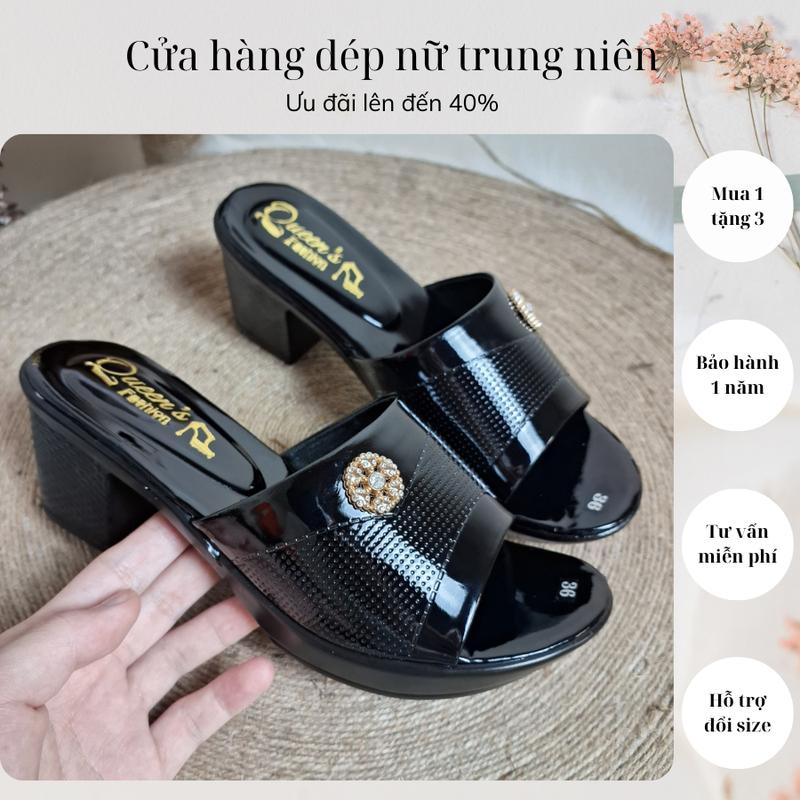   ƯU ĐÃI LỚN    Dép nữ  trung niên thiết kế phần quai bóng đính kèm bông hoa gồm 2 loại cao 3cm và 5cm đế chống trơn trượt DéP GiàY 