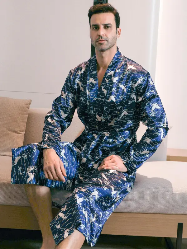 Men's Regular Fit All Over Print Satin Robe with Waist Belt Design, Casual Long Sleeve Shawl Collar Satin Dressing Gown for Summer, Fashion Men's Sleepwear 8