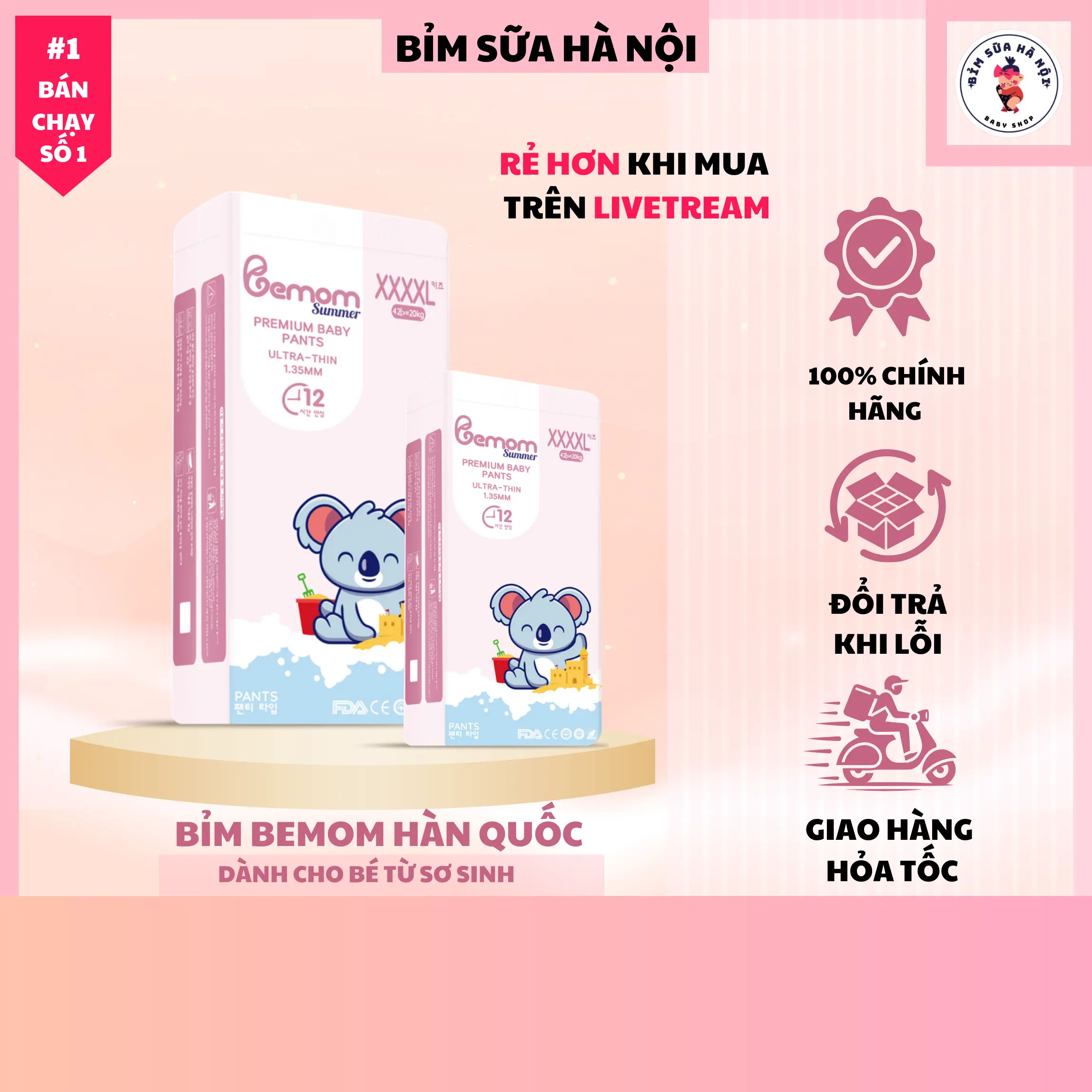 Tã/Bỉm Bemom Cotton Diamond Siêu Mềm - Chống Thấm 12 Tiếng - Không Gây Dị Ứng Cho Bé - Đủ Size - Hàn Quốc