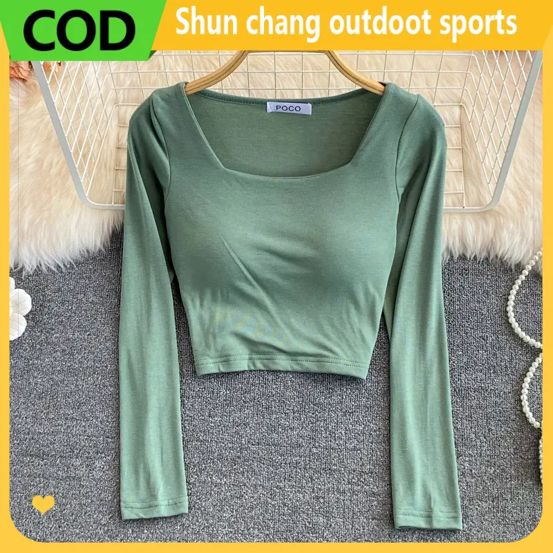 Square Collar T-Shirts Women 2023 Autumn Korean Style Solid Color Slim Fit Short Tops Long Sleeve Women's Blouses Womenswear Stocking Lingerie Comfort Lady Basic Minimalist