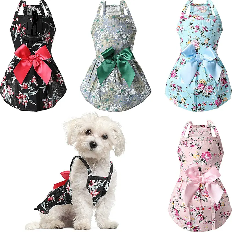 Dog Bowknot Floral Dress Pet Wedding Dress for Chihuahua Pug Yorkie Puppy Clothes Summer Dress for Small Dogs Cats Cheap Clothes