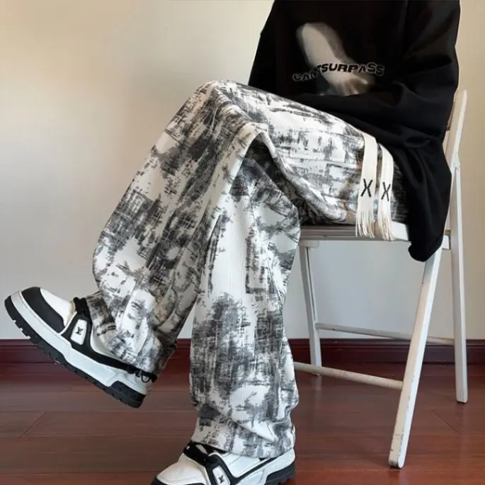 American tie-dye printed pants for men in autumn and winter new fashion brand loose retro ink style casual wide-leg straight pants