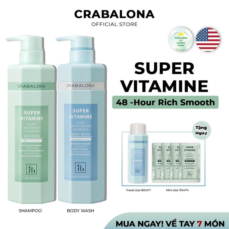 Combo Dầu Gội + Sữa Tắm CRABALONA Super Vitamine - Tóc Sạch Bồng Bềnh, Cơ Thể Thơm Mát (710ml/Chai)