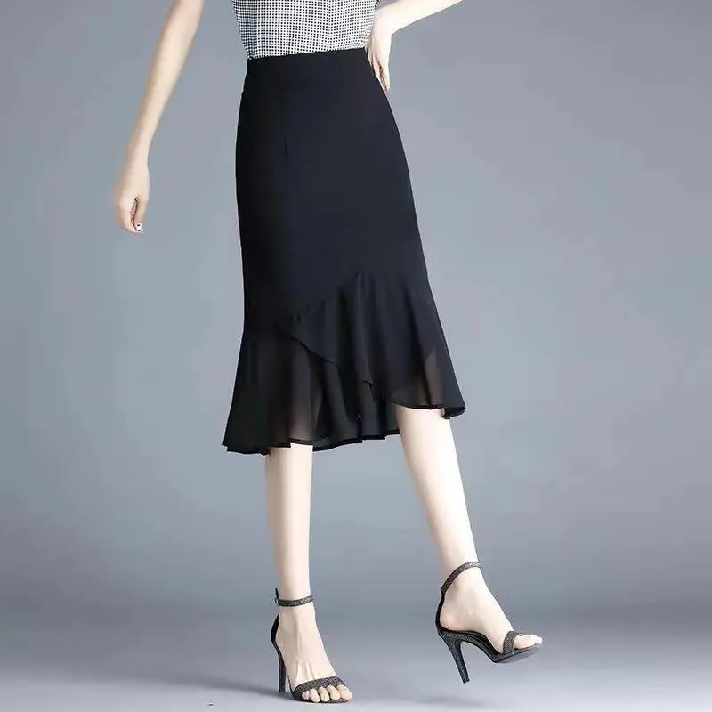 Chân Váy Đuôi Cá, Dành Cho Phụ Nữ, Cạp Cao, Dài Trung Bình, Chân Váy Bodycon, Phong Cách Thường Ngày Màu Đen Của Phụ Nữ, Xếp Nhún, Bất Đối Xứng Và Thanh Lịch, Làm Bằng Voan