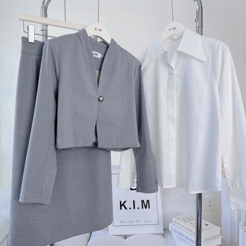 [Kim Clothing] Set 3 món áo sơ mi tay dài cổ bẻ + áo blazer croptop gài nút + chân váy bút chì 8