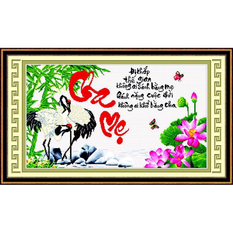 Tranh thêu chữ thập cha mẹ hạc hoa sen 51416 (75x47) chưa thêu