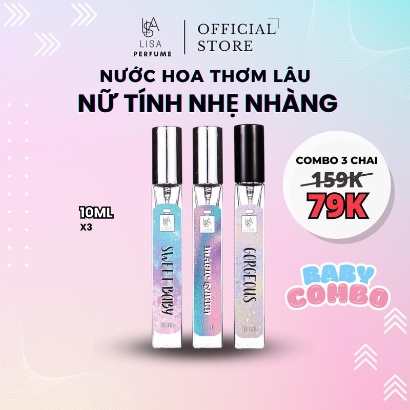  【MUA 1 TẶNG 2 【BABY COMBO   3 CHAI NƯỚC HOA NỮ 10ML DẠNG XỊT THANH LỊCH TAO NHÃ. THƠM LÂU 6-8H. SWEET BABY - MAGIC QUEEN - GORGEOUS. Women Cosmetic Perfume Xịt Thơm 
