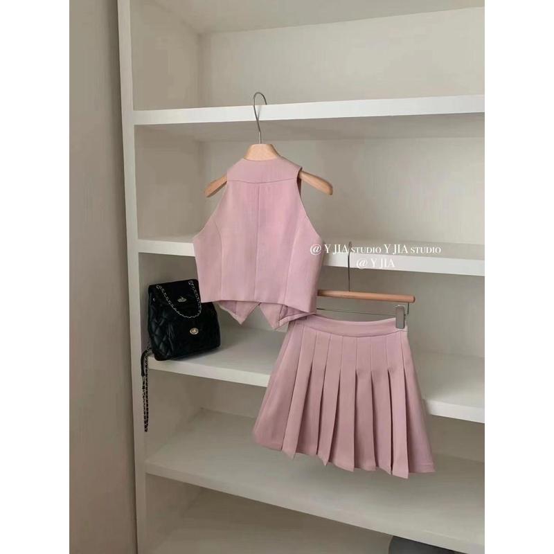 Áo Vest Phong Cách Pháp, Phong Cách Cổ Điển Thanh Lịch, Cạp Cao, Váy Xếp Ly Chữ A Ngắn, Bộ Hai Mảnh, Thời Trang Nữ Mùa Hè, Năm 2025 2