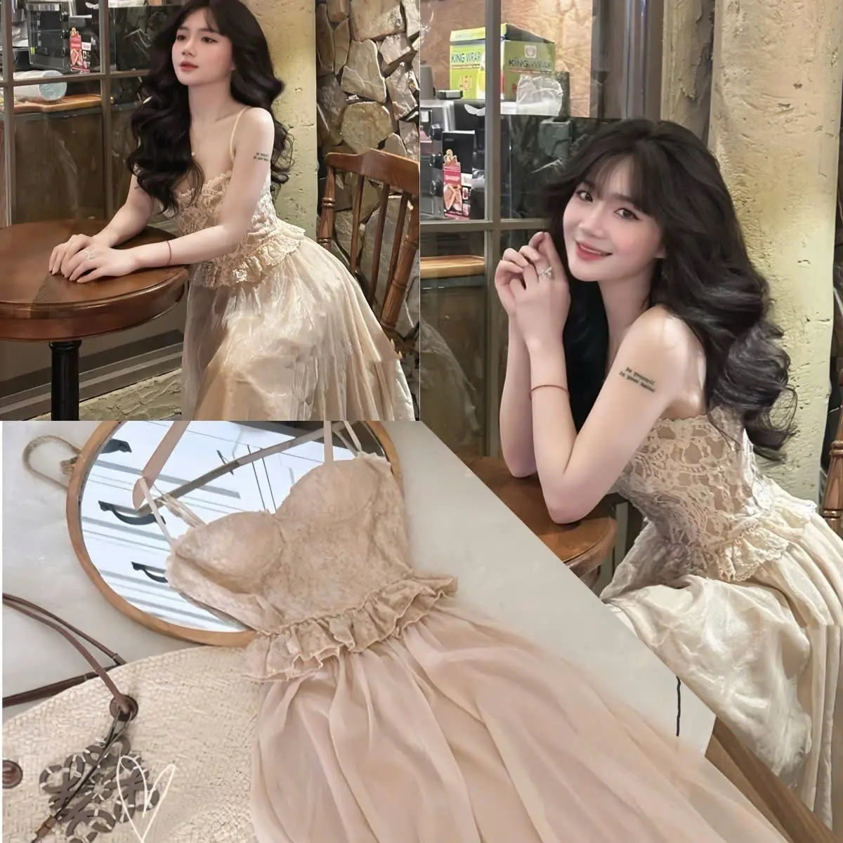 Set đồ nữ áo 2 dây cổ vuông phối ren kèm chân váy tơ xếp ly dáng dài xinh xắn dành cho các nàng diện đi chơi đi tiệc.  Women Kem