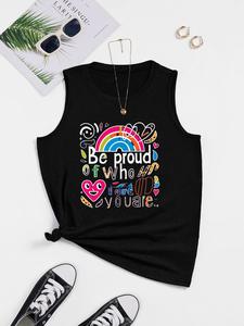 Pride Month LGBTQ+ Themed, Women's Heart Rainbow Letter Print Round Neck Tank Top, Fashion Casual Graphic Sleeveless Top for Daily Outdoor Wear, Ladies Clothes for Summer