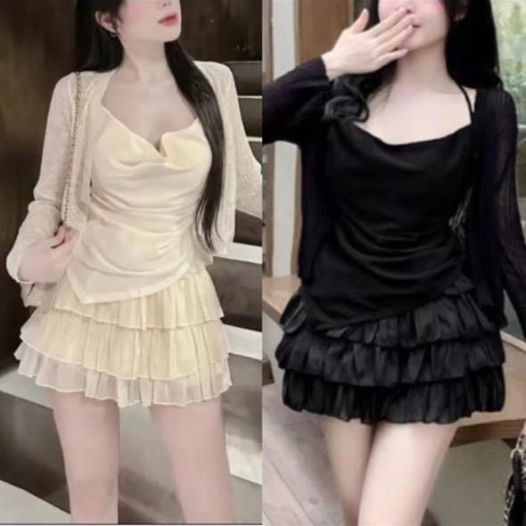 Set áo cổ đổ Mix chân váy tơ 3 món bigsize 55-90kg