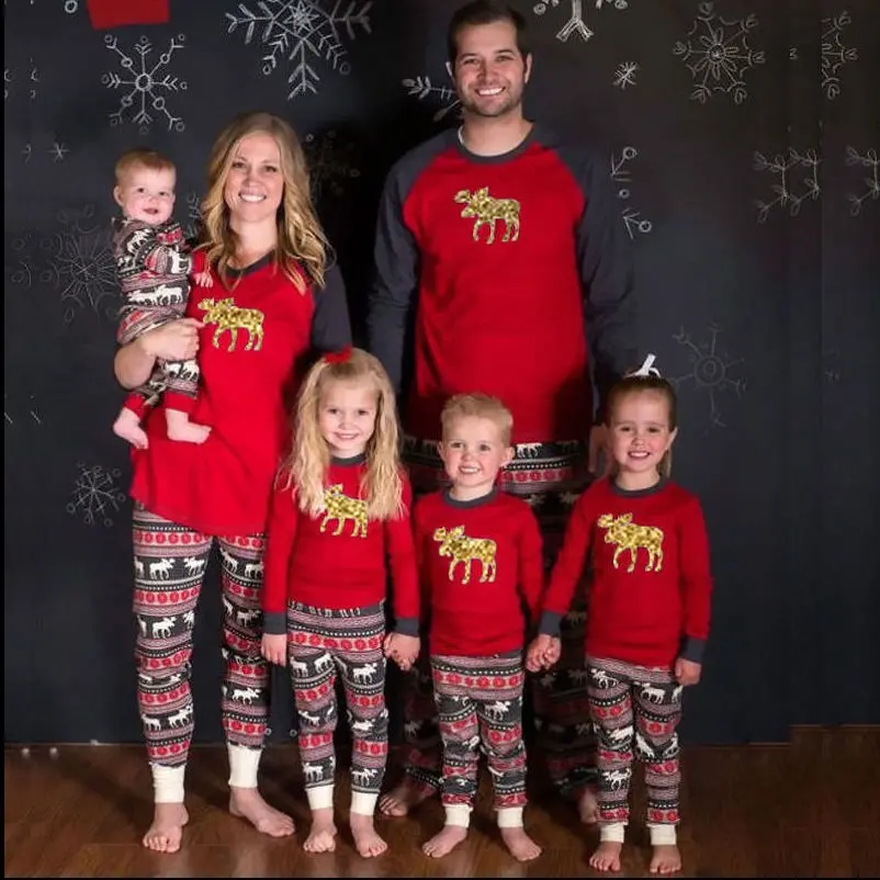 Christmas Parent-Child Clothing Elk Printing Homewear Suit St2192 (Dyed Fabric Will Fade)