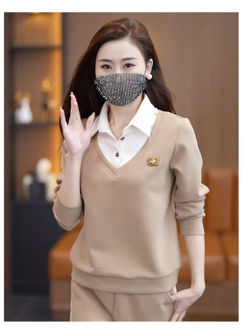 Product Introduction of Bộ Đồ Quần Áo Thể Thao Thường Ngày Cho Nữ, Bộ Sưu Tập Mùa Xuân Và Mùa Thu, Thời Trang Mới, Thích Hợp Cho Mẹ Trẻ, Áo Sơ Mi Chắp Vá, Cổ Áo, Áo Len Mỏng, Bộ Hai Mảnh 17