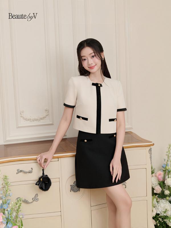 BEAUTEBYV - (NƠ ĐÍNH CÚC TẶNG KÈM) Áo blazer nữ phối dây nhung đen, Chân váy dáng A có dây nhung nổi Lazelle