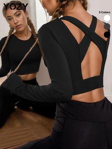 YOZY-GOOO Women's Solid Criss Cross Backless Crop Tee, Casual Minimalist Long Sleeve Round Neck Skinny T-shirt for Yoga Gym, Ladies Clothing for All Seasons, Fall&Winter Clothes