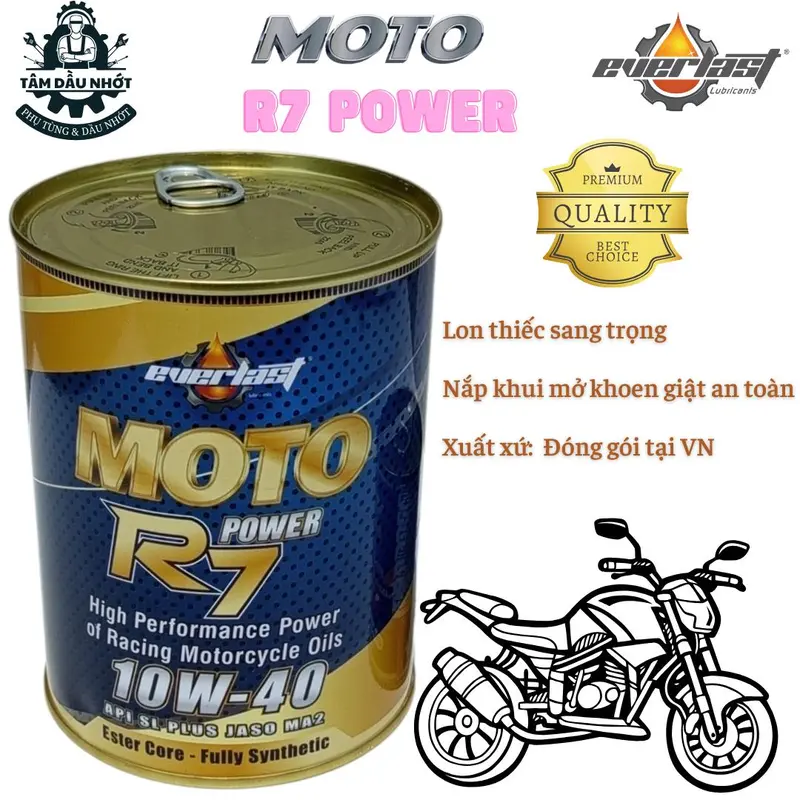 Combo 2 lon Dầu Nhớt xe số/côn tay - Everlast MOTO R7 POWER 10W40 SL 0.8L JASO MA2 - Kèm 1 chai nước làm mát động cơ 2