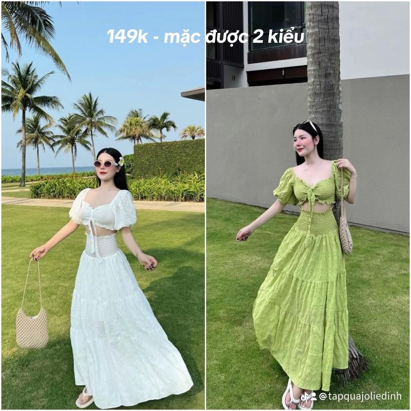 Product Introduction of SET VÁY MAXI ĐI BIỂN MẶC ĐƯỢC 2 KIỂU TAY PHỒNG, BO CHUN SIÊU ĐẸP - CHẤT LIỆU XỐP NHÚNG, FREESIZE >55KG 5