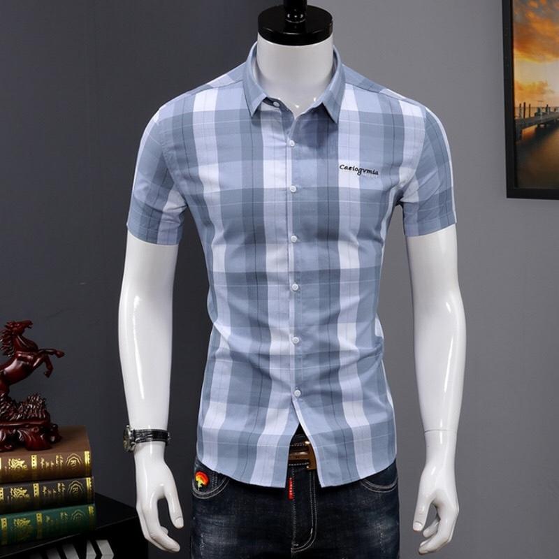 Áo sơ mi nam tay ngắn phối họa tiết caro thêu chữ  Mẫu PN50, sơ mi nam chất kate lụa cao cấp Hàn Quốc phong cách mới trẻ trung cực hot Menswear  Shirt Kem