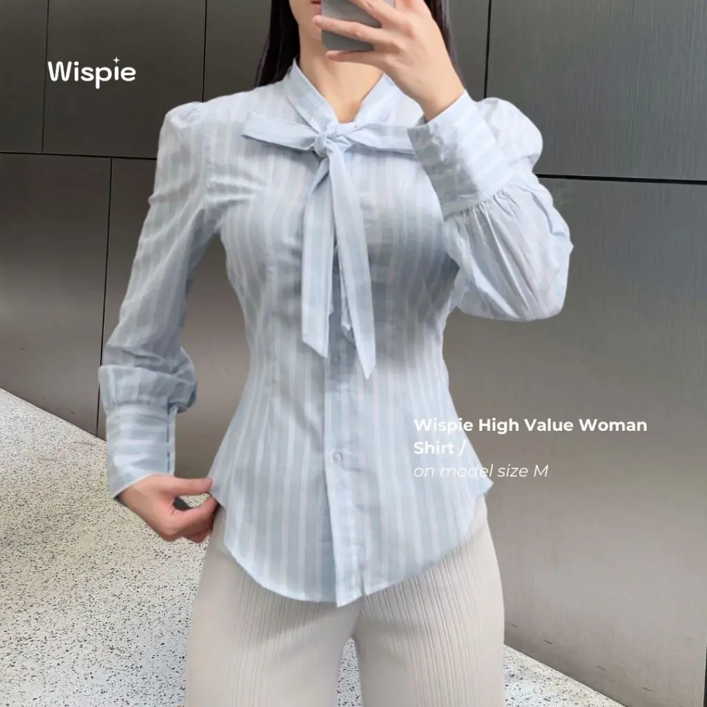 Wispie High Value Women Shirt | Kemeja Blus Wanita Fitted Shirt Lengan Panjang Katun Salur Dasi Pita