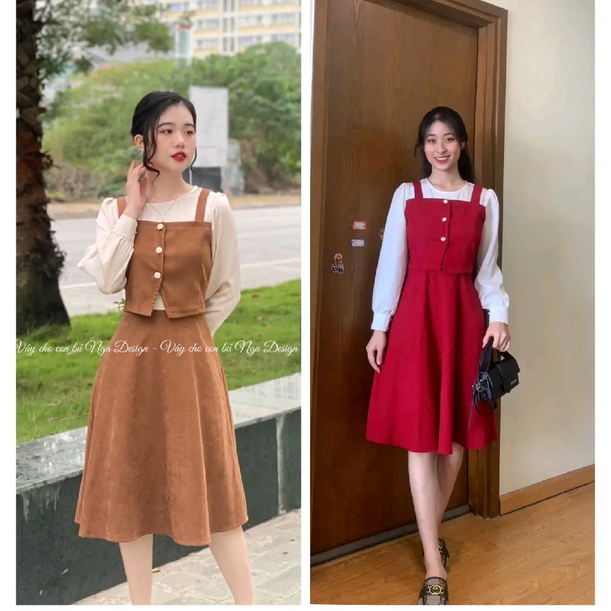 ND18 Nga Design váy cho con bú chất liệu nhung tăm chéo Hàn đẹp che bụng