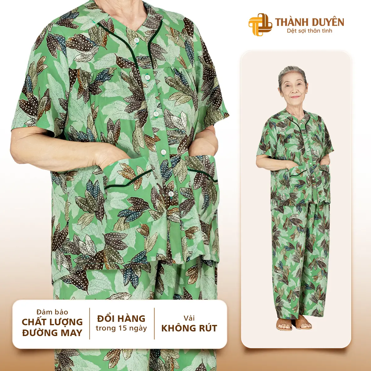 Đồ bộ cho bà mặc nhà Thành Duyên, cổ tròn, tay ngắn, quần dài, vải tole không rút, thoáng mát (A) - 1504TCD