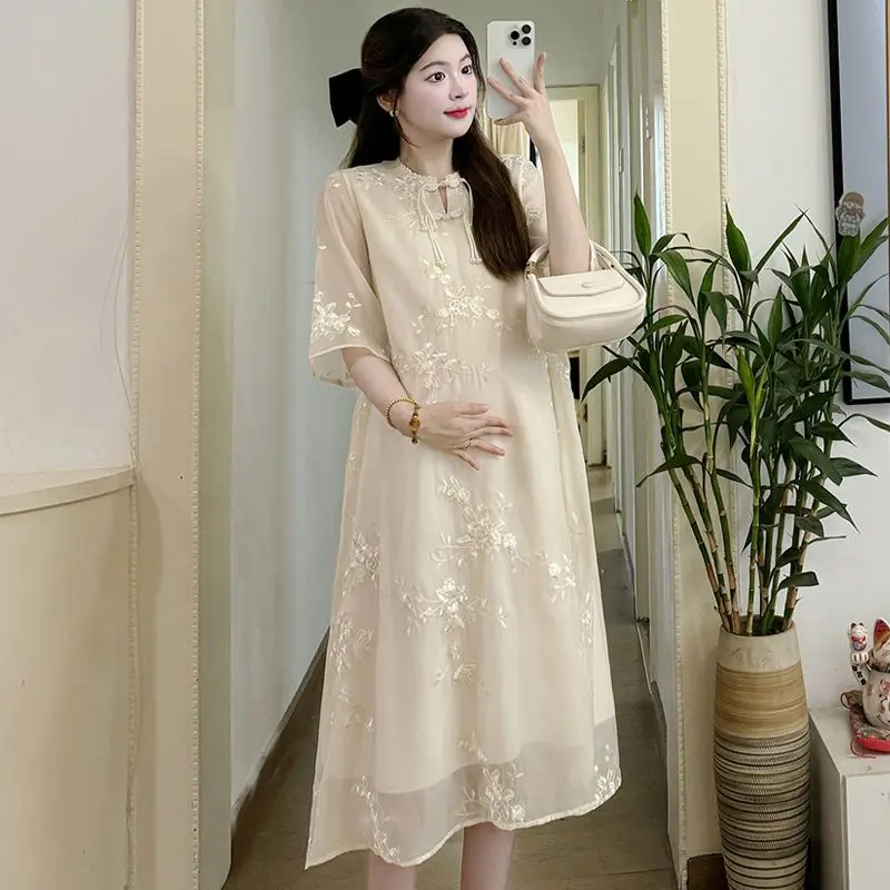 Váy Bà Bầu Mùa Hè, Phong Cách Trung Quốc Mới, Thêu Máy, Cải Tiến, Trên Đầu Gối, Nhẹ, Thoáng Khí Và Rộng Rãi, Cho Phụ Nữ Mang Thai Váy Bầu Đầm Bầu 2