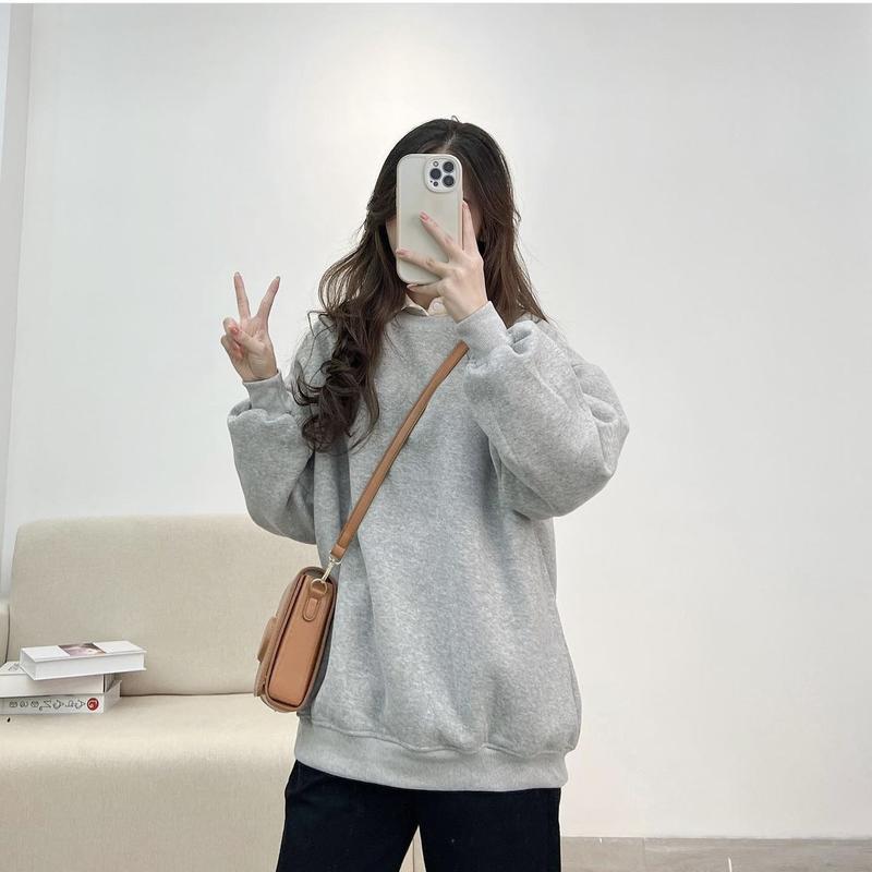 ẢNH THẬT - Áo sweater trơn nỉ bông 100% cotton siêu đẹp, nam nữ mặc được unisex ulzzang Women Hoodie Top Cổ Tròn Capybara Labubu 2