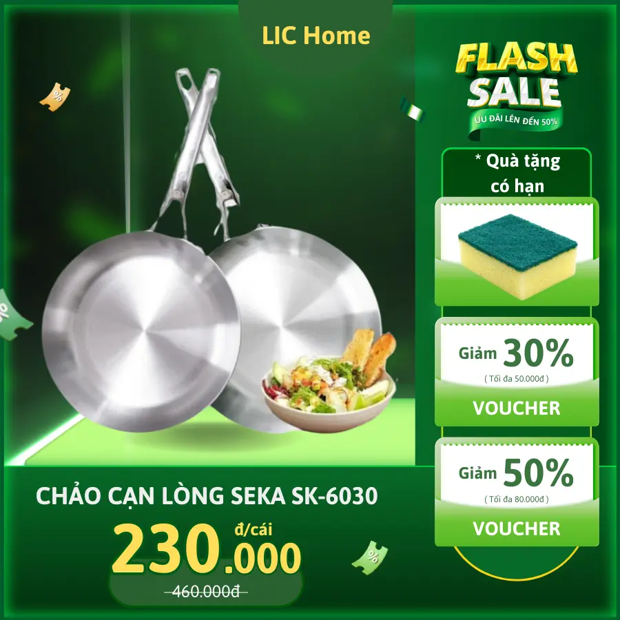 Chảo Inox Nguyên Khối Seka Sk6030, Chảo Nguyên Khối Cạn Lòng Đáy 5 Lớp Truyền Nhiệt Dùng Cho Mọi Loại Bếp